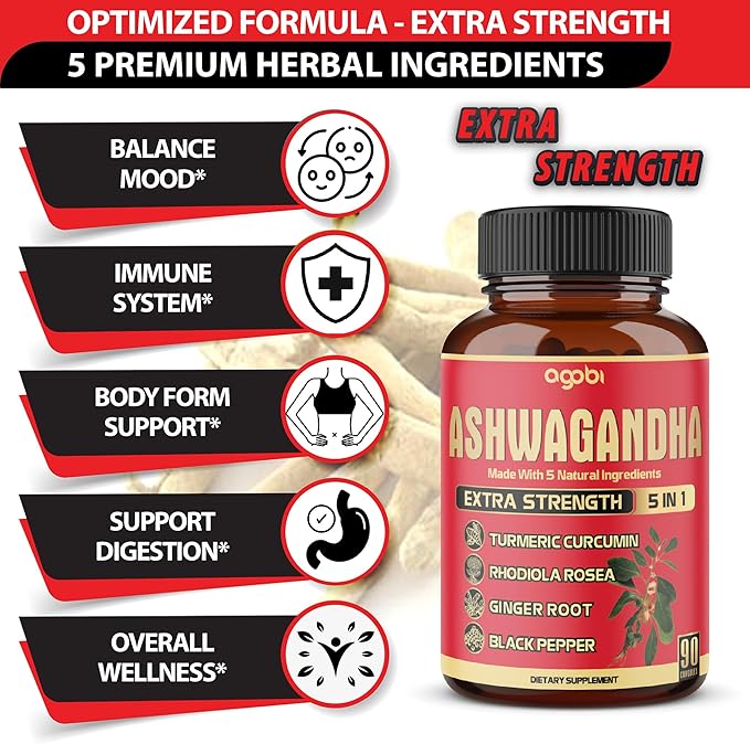 90 Capsules - Ashwagandha Supplement Capsules - Ginger Root, Turmeric, Rhodiola Rosea & Black Pepper