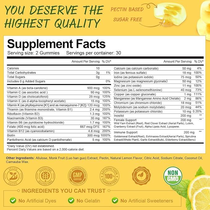 (2 Packs) Sugar Free Multivitamin Gummies for Women 14+ w/Iron, Inositol, Folate, Biotin, Womens Daily Multivitamin Gummy w/Vitamin A, D, C, B, Support Hair, Skin, Energy, Immune, Lemon Flavor