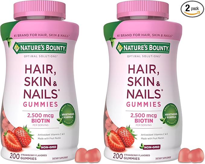 Nature's Bounty Optimal Solutions Hair, Skin and Nails Pectin Gummies, 2500 mcg Biotin Per Serving, No Stick Gummy, Vegetarian Formula, Strawberry Flavor, 200 Count, 100 Total Servings (Pack of 2)