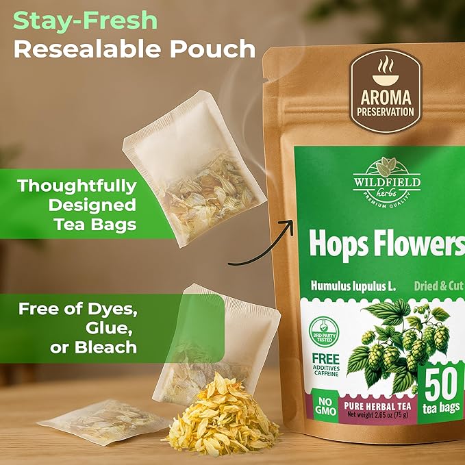 50 Bags Hop Tea Hops Herb Dried Hops Flowers Herbal Tea (Humulus Lupulus) - 50 Count 1.5g Bags Hoptea Lupulo Entero