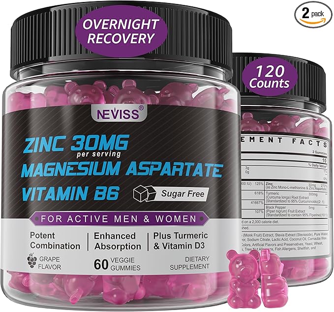 Zinc and Magnesium Supplement, Zinc Magnesium Aspartate Post Workout Gummies for Men Women, with Vitamin B6, B12, D3, Turmeric for Nighttime Recovery, Reduce Fatigue, Boost Immunity & Sleep, 120 Count