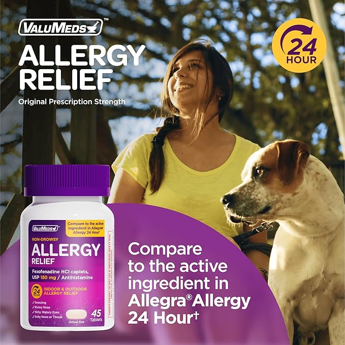 ValuMeds 24-Hour Allergy Relief Fexofenadine Hydrochloride 180mg | Non-Drowsy Antihistamine Generic Medicine for Allergies, Hay Fever, Itchy Eyes for Kids, Adults | Compare to Allegra (45-Count)
