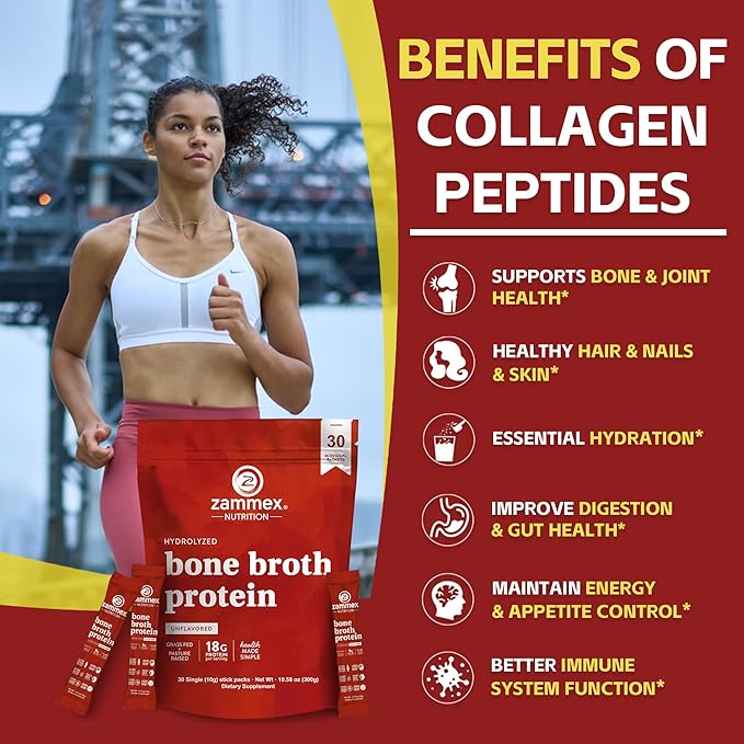 Zammex Bone Broth Packets-20g Collagen Protein-Beef Bone Broth Powder to Go-30 Travel Stick Packets-Supports Skin Nails Joints, Gut Health | Gluten-Free |Keto & Paleo Friendly (15 Servings)