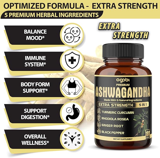 5in1 Premium Ashwagandha Capsules - Added Turmeric, Rhodiola Rosea, Ginger, Black Pepper - Strength, Spirit & Immune Support - 180 Caps for 6 Months
