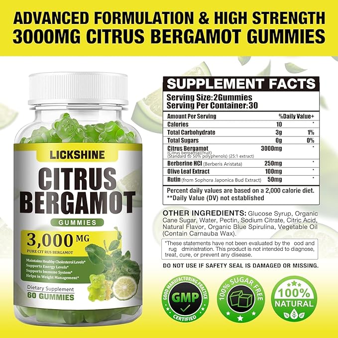 2 Pack 3000MG Citrus Bergamot Gummies - Citrus Bergamot Extract Cholesterol Lowering Supplement for Immune Support Anti-Aging, Hight Cholesterol Sugar-Free Vegan Lime Flavor 120 Cts