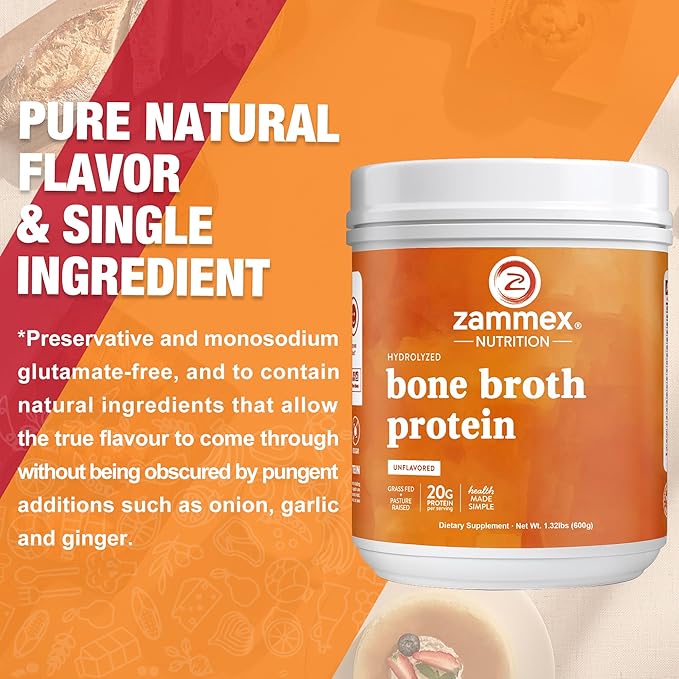 Zammex Pure Grass Fed Beef Bone Broth Protein Powder,20g Protein, Hydrolyzed Collagen Supplement for Healthy Skin,Nails,Hair,Joints, Non-GMO,Gluten Free,Paleo & Keto Friendly, Great in Soup