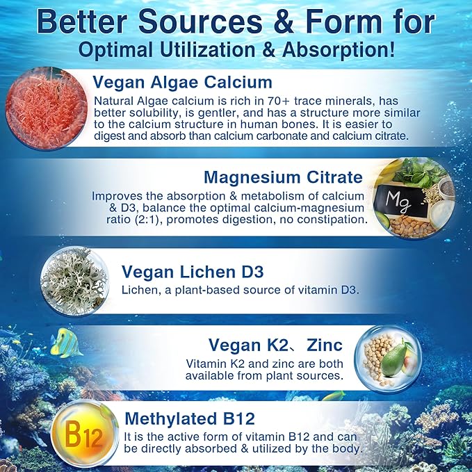 6-in-1 Liposomal Vitamin D3 K2 Calcium Supplement - Plant Based Calcium 600mg with Vegan Vitamin D3 5000 iu + Vitamin K K2 MK7 + B12, Algae Ca-lcium Magnesium Zinc for Bone, Softgels, 2 Pack