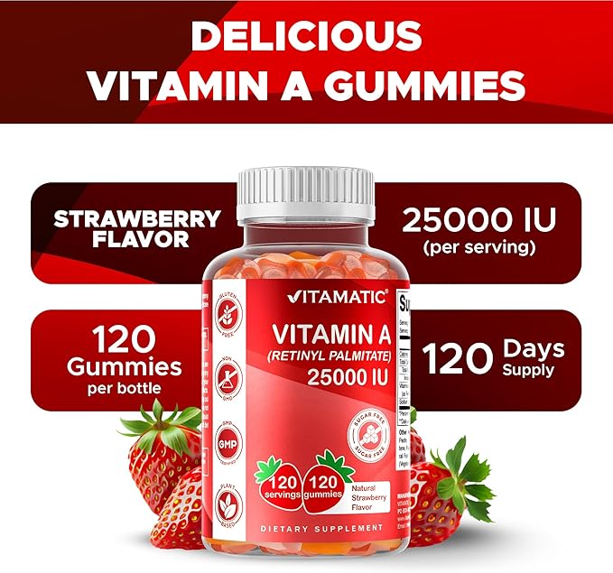 Vitamatic Sugar Free Vitamin A 25000 IU Gummies (Retinyl Palmitate) - Natural Strawberry Flavor - 120 Pectin Based Gummies (1 Bottle)
