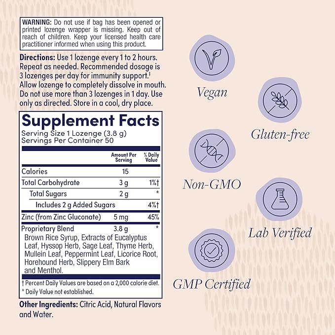 ZAND Immunity Menthol Throat Lozenges 2 Pack - Good-for-You Dry Mouth Lozenges - Immune Support Supplement w/Menthol, Zinc 5mg, Slippery Elm, Soothe a Dry Throat, Natural Flavor, Gluten Free, 50ct ea