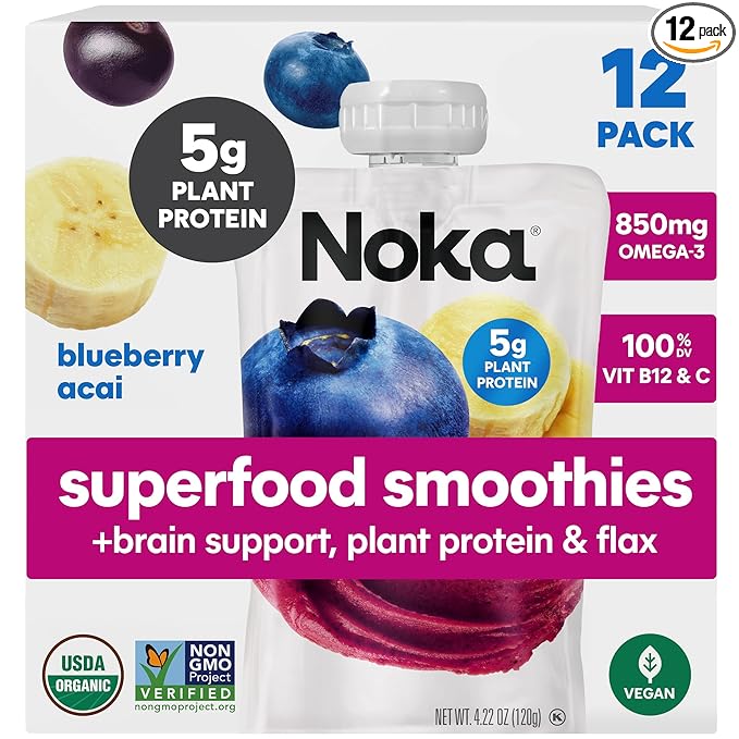 Noka Superfood Fruit Smoothie Pouches Ready to Drink with Brain Support, Healthy Snacks w/ 850mg Omega-3 Flax Seed Plant Protein Vegan Gluten Free Organic Fruit Squeeze Pouch Blueberry Acai 4.22 oz 12 Count