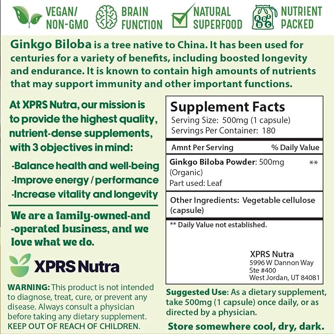 XPRS Nutra Ginkgo Biloba Capsules - Gingko Biloba Encapsulated Supplements for Cognition - Vegan Friendly Ginkoba Biloba - Immunity Boosting Ginkgo Biloba Capsules - 180 Count