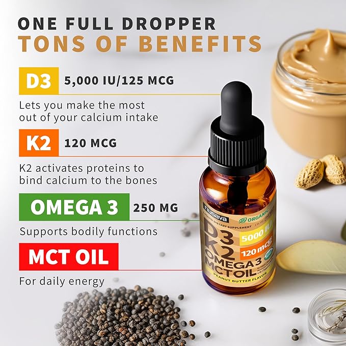 (2 Pack) Organic Vitamin D3 K2 Drops with MCT Oil Omega 3, 5000 IU, Maximum Strength Vitamin D Liquid, No Fillers, Non-GMO Liquid D3 for Faster Absorption, Immune Support (Peanut Butter, 2 Fl Oz)