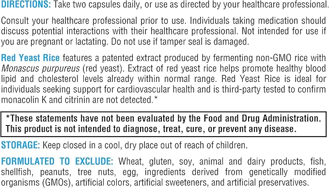 XYMOGEN Red Yeast Rice - Non-GMO Red Yeast Rice Supplement to Help Maintain Already Healthy Blood Lipid + Cholesterol Levels - Cardiovascular Support - Tested Citrinin-Free (60 Capsules)