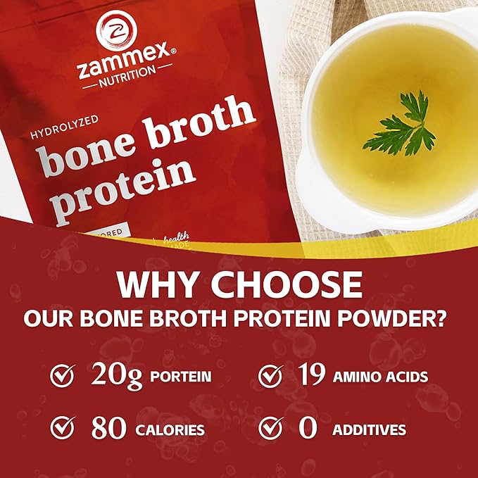 Zammex Bone Broth Packets-20g Collagen Protein-Beef Bone Broth Powder to Go-30 Travel Stick Packets-Supports Skin Nails Joints, Gut Health | Gluten-Free |Keto & Paleo Friendly (15 Servings)