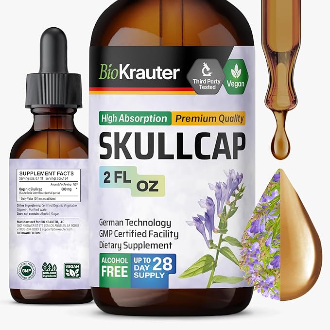 BIO KRAUTER Skullcap Herb Tincture - Scutellaria Lateriflora Liquid Extract - Alcohol and Sugar Free - Vegan Drops 2 Fl.Oz.