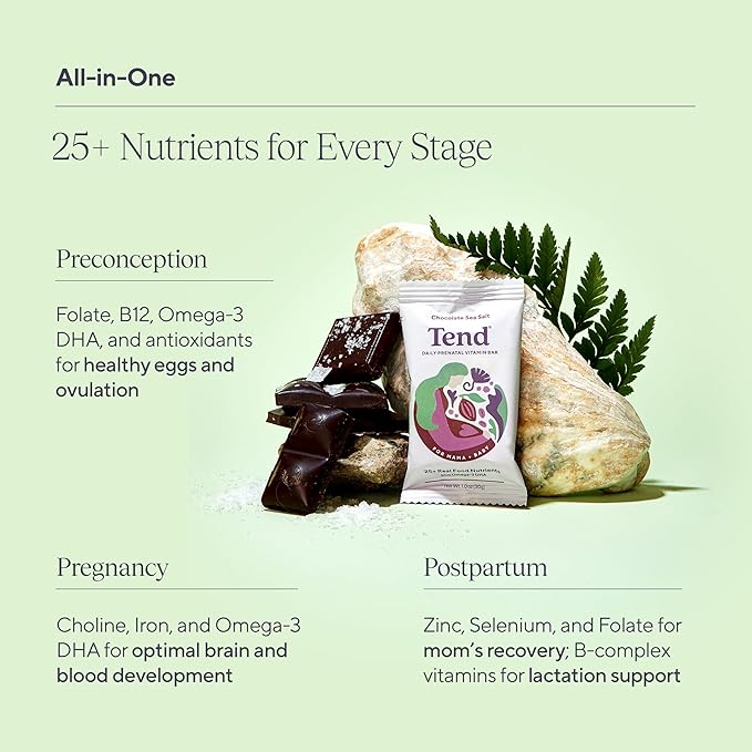 Tend Daily Best Prenatal Vitamin Bar, Made with Organic Ingredients for Pregnant & Postpartum Mothers, Includes DHA, Vitamin D, B, Choline, Folate - Chocolate Sea Salt (4ct)