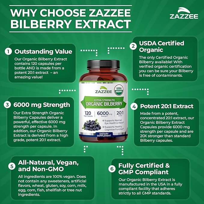 Zazzee USDA Organic Bilberry 20:1 Extract, 6000 mg Strength, 120 Vegan Capsules, 4 Month Supply, Standardized and Concentrated 20X Extract, 100% Vegetarian, All-Natural, Non-GMO, Made in The USA