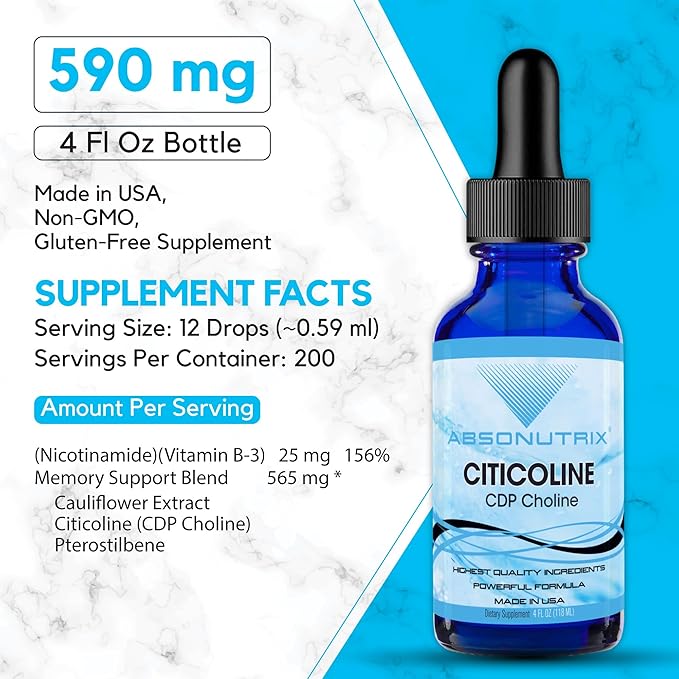 Absonutrix Citicoline 590 mg, 4 Oz Bottle, 200 Servings, Made in USA, Quick Absorption, Quality Potent Ingredients, Non-GMO, GMP Certified, Cruelty-Free Products
