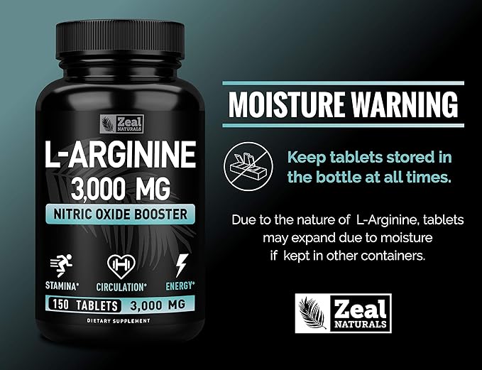 Zeal Naturals L Arginine 3000mg Capsules (150 Tablets | 1000mg) Maximum Dose L-Arginine Nitric Oxide Supplement for Supporting Muscle Growth, Vascular Function and Energy - Nitric Oxide Booster