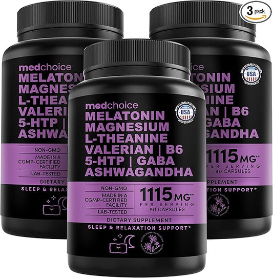 12-in-1 Melatonin Sleep Capsules - Natural Sleep Aids for Adults with Melatonin 5mg and Magnesium Glycinate 500mg, Sleep Aid with Ashwagandha, L Theanine, Valerian Root, GABA, 5-HTP (90ct, Pack of 3)