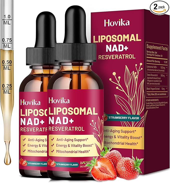 2 Pack Liposomal NAD Supplement - 1200mg NAD+ Liquid Drops for Women & Men with Resveratrol, Black Pepper Extract - Support Anti-Aging, Brain & Cellular Mitochondrial Health - Strawberry Flavor