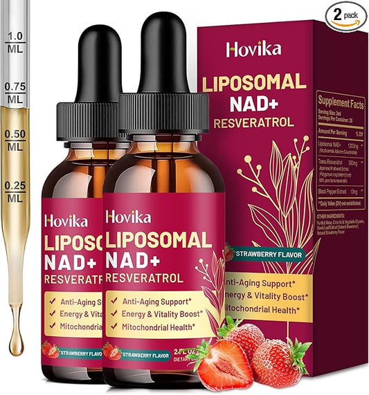 2 Pack Liposomal NAD Supplement - 1200mg NAD+ Liquid Drops for Women & Men with Resveratrol, Black Pepper Extract - Support Anti-Aging, Brain & Cellular Mitochondrial Health - Strawberry Flavor