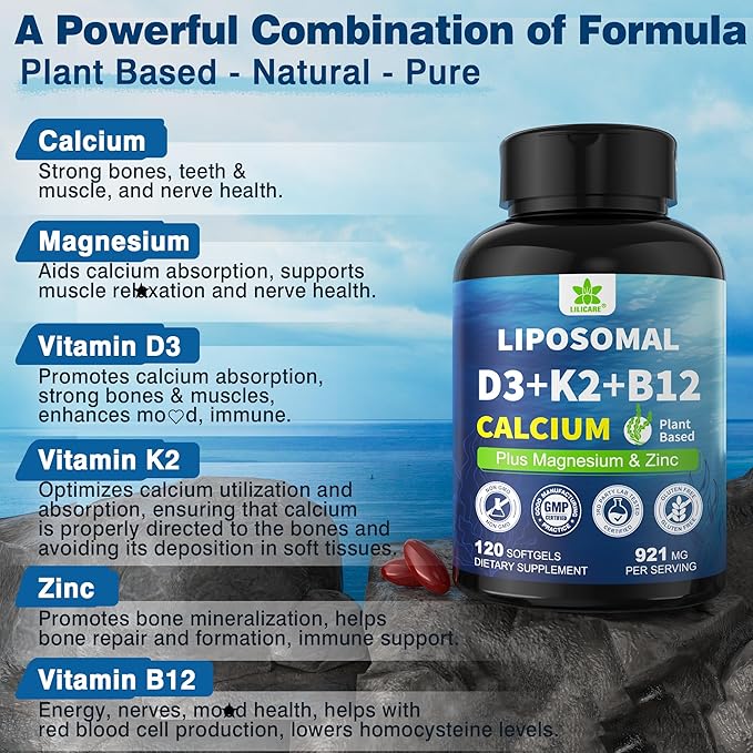 6-in-1 Liposomal Vitamin D3 K2 Calcium Supplement - Plant Based Calcium 600mg with Vegan Vitamin D3 5000 iu + Vitamin K K2 MK7 + B12, Algae Ca-lcium Magnesium Zinc for Bone, Softgels, 2 Pack