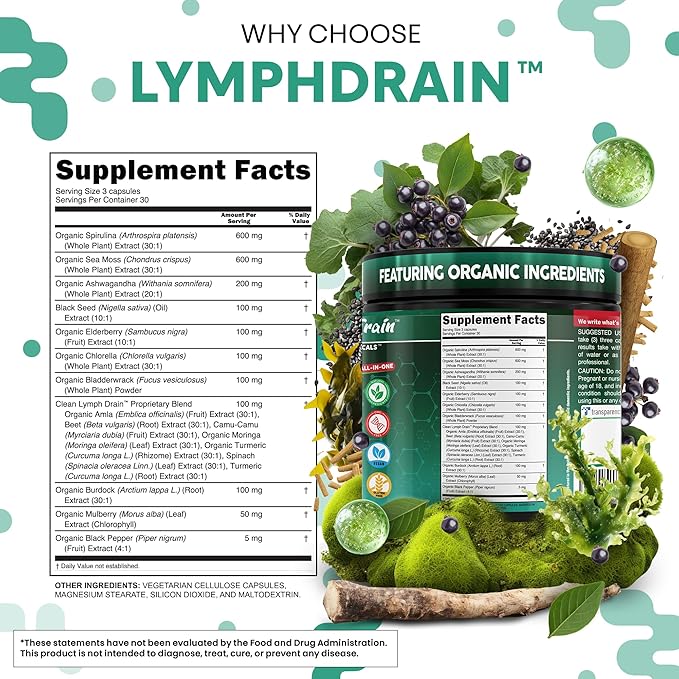 Organic Lymphatic Drainage Supplements | Elderberry Bladderwrack Burdock Root Black Seed Oil Spirulina Sea Moss Ashwagandha Chlorella Amla Beet Moringa Chlorophyll Lymph System Capsules By Clean Nutra