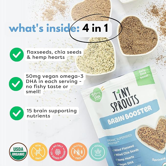 Superseed Organic Milled Chia, Flaxseed and Hemp Heart Brain Booster with Vegan Omega-3 DHA S Prebiotic Fiber Protein Gluten Free Seeds for 6M+ Babies Toddlers & Kids (7oz x 1 Pack)