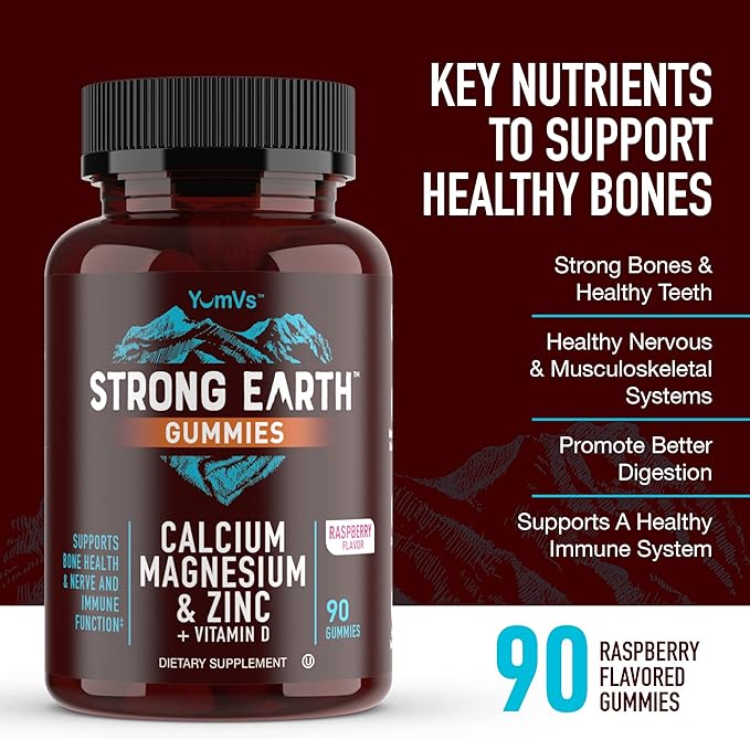 YUM-V'S Calcium, Magnesium, Zinc & Vitamin D Gummies, Cal Mag Chewable Supplement, Vegetarian Kosher Halal Natural Raspberry Flavor Gummies for Adults Women & Men - 90 Count (Pack of 2)