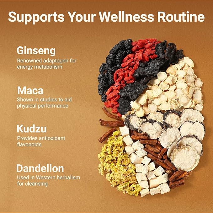 Ginseng Five Treasures Tea - 30 Bags, Caffeine-Free, Pure Herbal Blend with 8 Traditional Chinese Herbs Kidney Tea, Gentle Energy & Focus for Men and Women