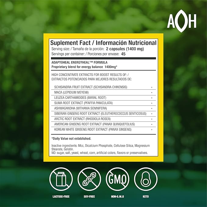 ADAPTOHEAL Adaptogen Leuzea, Ashwagandha, Rhodiola Rosea, Schisandra and Ginseng Complex – Energyheal Adaptogenic Energy Supplement for Natural Energy, Stress and Adrenal Support(90 Capsules)