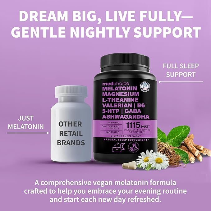 12-in-1 Melatonin Sleep Capsules - Natural Sleep Aids for Adults with Melatonin 5mg and Magnesium Glycinate 500mg, Sleep Aid with Ashwagandha, L Theanine, Valerian Root, GABA, 5-HTP (90ct, Pack of 1)