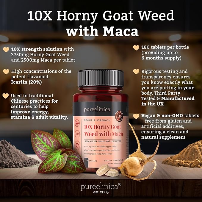 10X Horny Goat Weed Extract (3750mg) Maca Extract (2500mg) x 360 Tablets (2 Bottles of 180) - 1 Years Supply