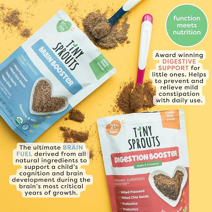 Organic Digestion Booster (Apple & Cinnamon) & Brain Booster - Milled Chia Seed, Milled Flaxseed and Hemp Hearts with Vitamin D, DHA, Probiotics for 6M+ Babies Toddlers & Kids (7oz x 2 Pack)