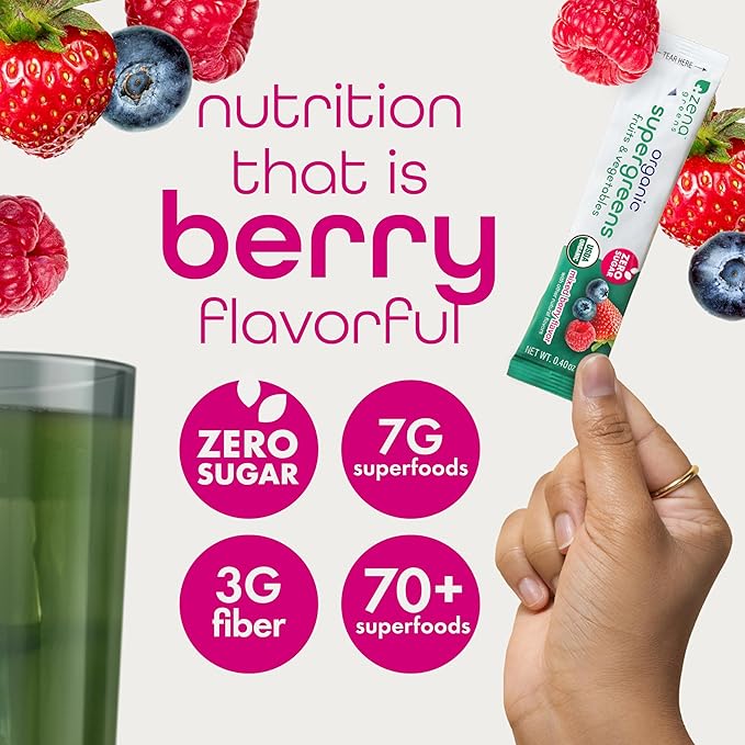 Zena Nutrition Organic Super Greens Powder, 70+ Superfoods, 0 Sugar, 3g Fiber, Spirulina, Chlorella, Mushrooms, Prebiotics/Probiotics, Digestive Enzymes, Gut Health, Mixed Berry, 30 Drink Mix Packets