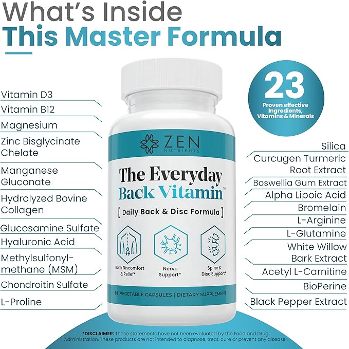 Zen Nutrients The Everyday Back Vitamin for Lower Back Relief & Nerve Function Support Supplement - Back, Disc and Nerve Relief with Alpha Lipoic Acid, Turmeric & Glucosamine (60 Capsules)