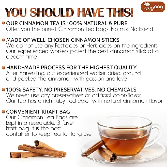 TOG999, Premium 60 Tea Bags - Special Cinnamon Tea, 100% Natural & Pure, Herbal Tea. Cinnamon Stick Herbal Spice Tea. No Sugar, No Caffeine, No Gluten, Vegan.