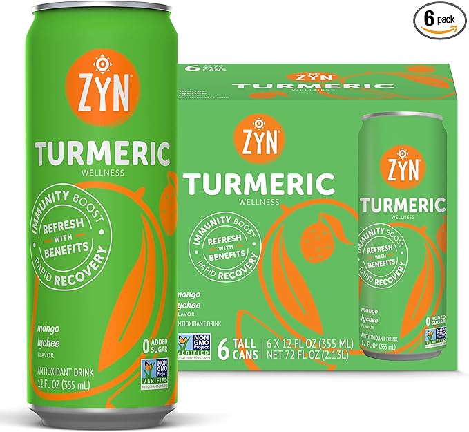 ZYN Turmeric Wellness Drink (6 Pack), Mango Lychee Flavored Turmeric Curcumin Drink with Black Pepper, No Added Sugar, Low Carb & Low Calorie Drink, Clean Alternative