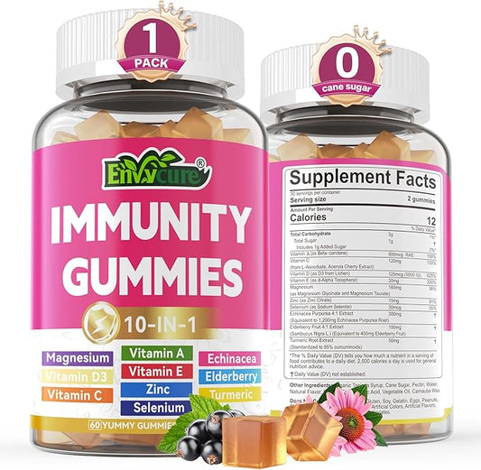 10 in 1 Immune Support Supplement Gummies, w/Echinacea, Elderberry Vitamin C and Zinc, Selenium, Vitamin D3 5000IU, Magnesium, Daily Immune Booster Multivitamin, for Antioxidant Bone Energy, 1 Pack