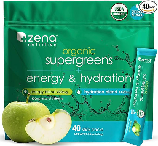 Zena Nutrition Organic Super Greens Energy & Hydration Powder, 70+ Superfoods, 0 Sugar, 5G Fiber, Spirulina, Chlorella, Prebiotics/Probiotics, Natural Caffeine + Electrolytes, 40 Drink Mix Packets