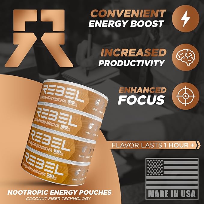 Nootropic Energy Caffeine Pouches (Cinnamon Mocha) • 100mg Caffeine • Alpha GPC • Huperzine A & Essential Vitamins • Sugar-Free • Coconut Fiber Technology • 15 Pouches Per Can (Pack of 1)