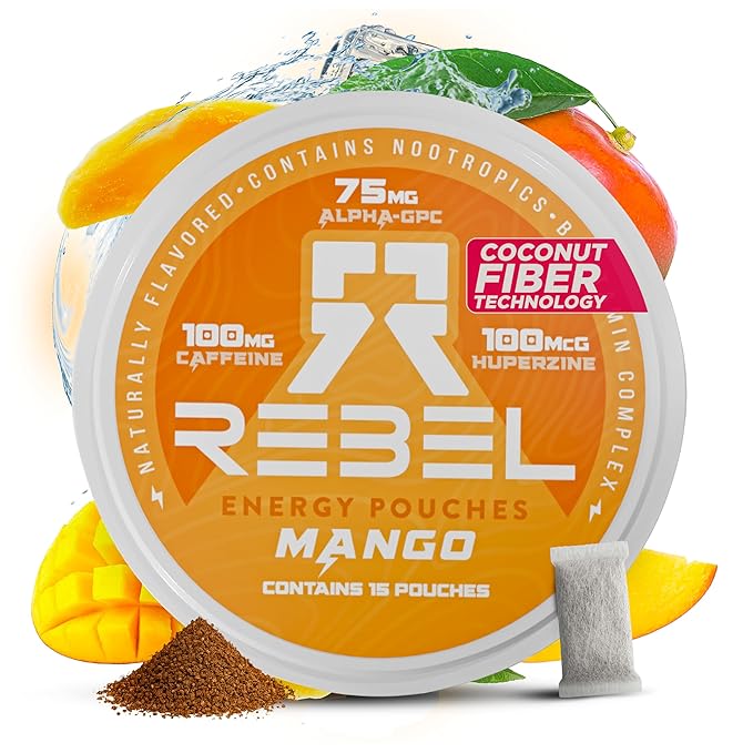 Nootropic Energy Caffeine Pouches (Mango) • 100mg Caffeine • Alpha GPC • Huperzine A & Essential Vitamins • Sugar-Free • Coconut Fiber Technology • 15 Pouches Per Can (Pack of 1)