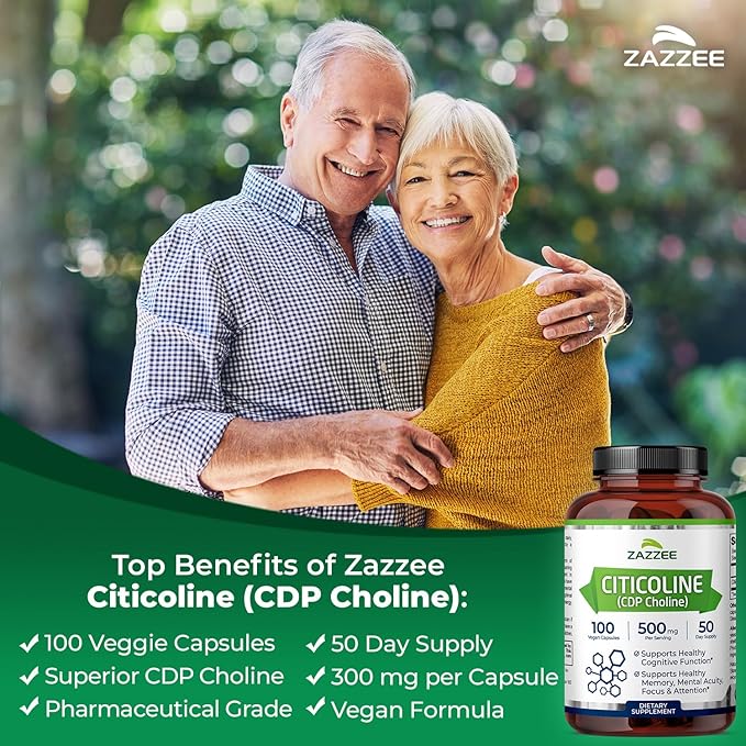 Zazzee Extra Strength Citicoline, 500 mg per Serving, 100 Vegan Capsules, Superior CDP Choline Form, 100% Vegetarian and Pharmaceutical Grade, 50-Day Supply, All-Natural and Non-GMO