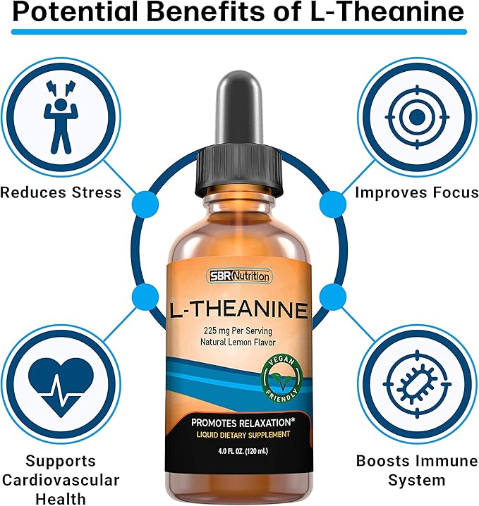 SBR Nutrition Liquid L-Theanine Drops | All Natural, Vegan, Alcohol Free, Non-GMO | for Sleep Aid, Calm, Relaxation, Focus Without Drowsiness | Synergistic with Coffee or Caffeine