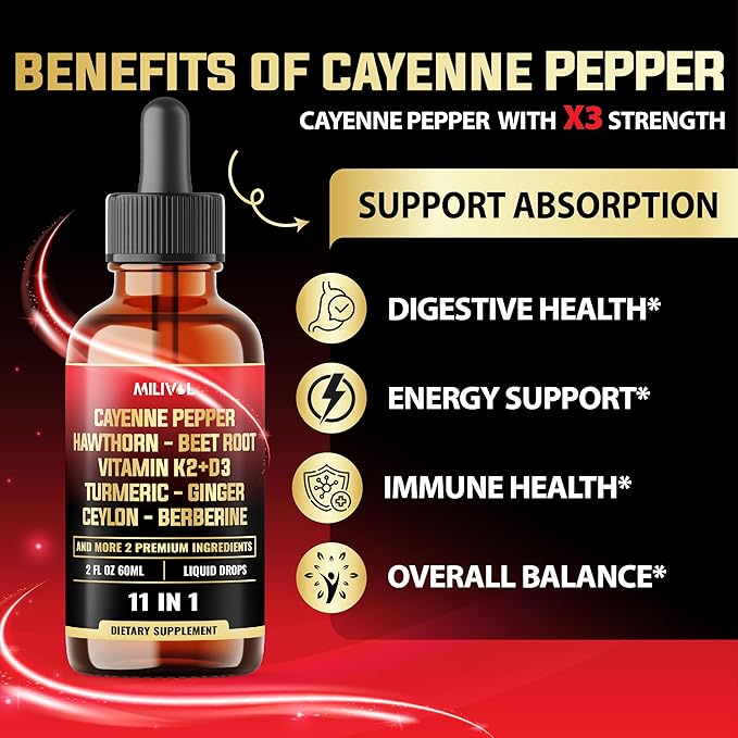 11in1 Cayenne Pepper Liquid Drops with Hawthorn Berry, Vitamin D3 K2, Beet Root, Garlic, Ginger, Ceylon Cinnamon, Turmeric, Berberine and Bitter Melon - 60 Days Supply - 2Fl Oz