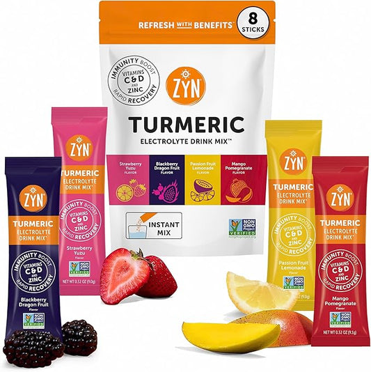 ZYN Electrolyte Drink Mix Hydration Packets, Electrolytes Powder, Hydration Packets w/Turmeric Curcumin, Vitamin C and D, Zinc, Hydrate Electrolyte Powder Packets for Wellness, Variety Pack of 8