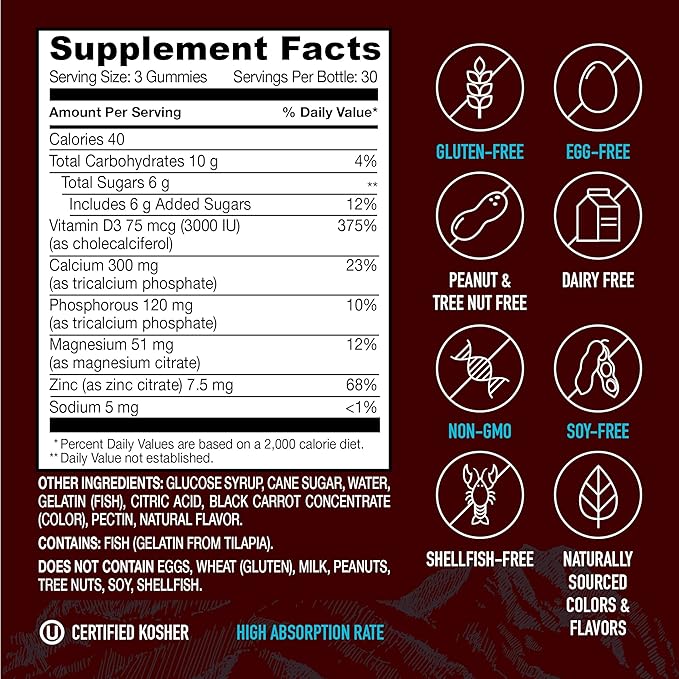 YUM-V'S Calcium, Magnesium, Zinc & Vitamin D Gummies, Cal Mag Chewable Supplement, Vegetarian Kosher Halal Natural Raspberry Flavor Gummies for Adults Women & Men - 90 Count (Pack of 2)