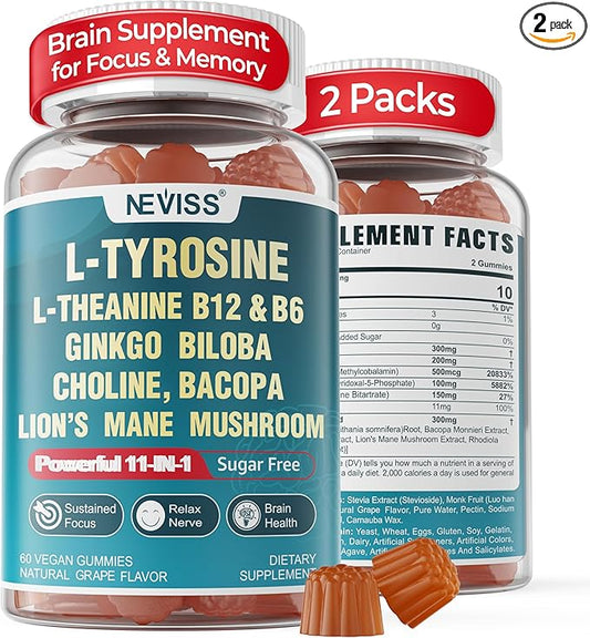 11-IN-1 Brain Supplement for Memory and Focus with L-Tyrosine L-Theanine, Methylated B12 & B6, Lion's Mane Mushroom, Ginkgo Biloba, Bacopa Monnieri, Choline for Focus, Nootropic, Energy, 2Packs