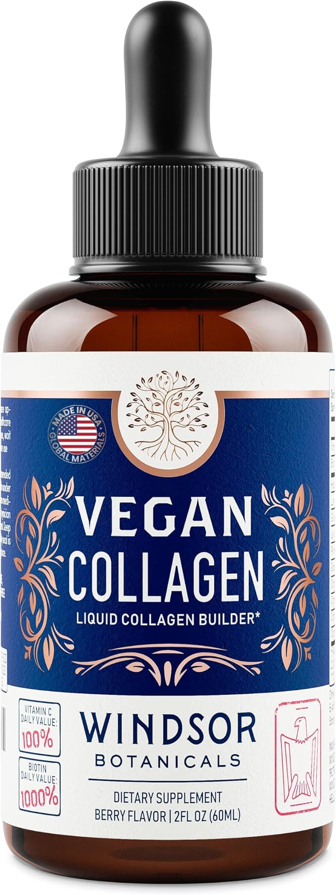 Vegan Collagen Builder Liquid Supplement - Collagen Booster with Vitamin C, Biotin, Hyaluronic Acid & Amino Acids - Organic Fruit & Vegetable Blend - 60ml, 30 Day